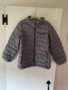 Patagonia Kids Gray Down sweater Jacket with Purple Accents